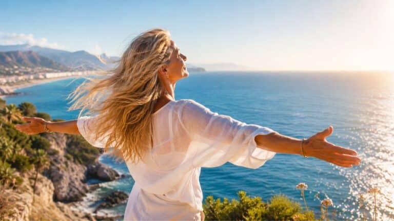Frau mit langen blonden Haaren blickt frei und lebendig auf das Meer - wenn alles möglich wäre