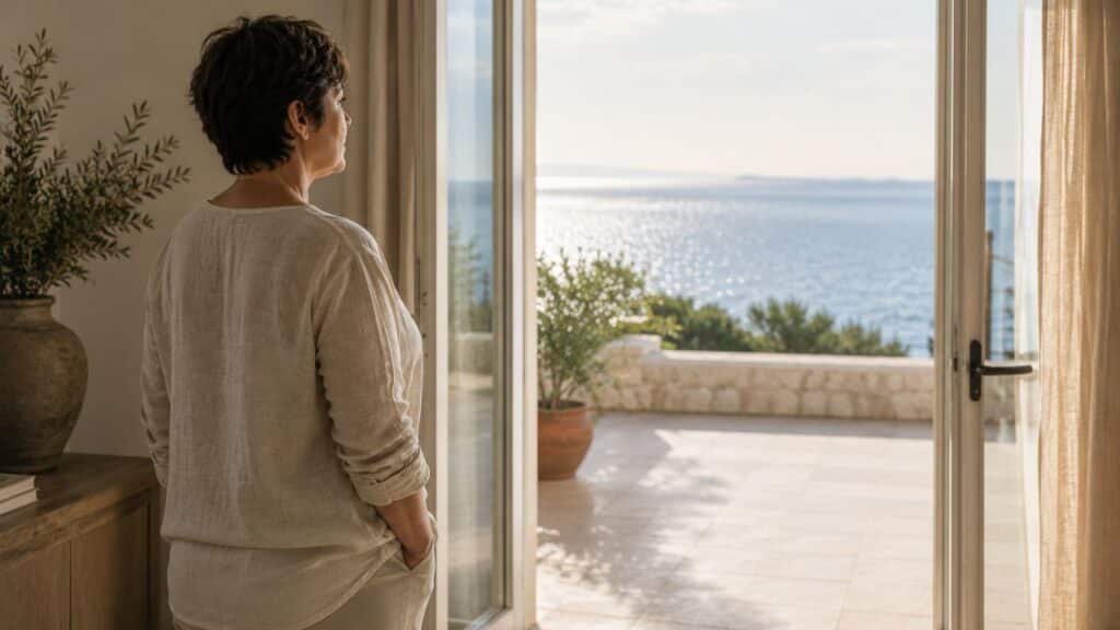 Wissen allein reicht nicht – Frau zögert vor einer offenen Tür mit Blick auf das Meer