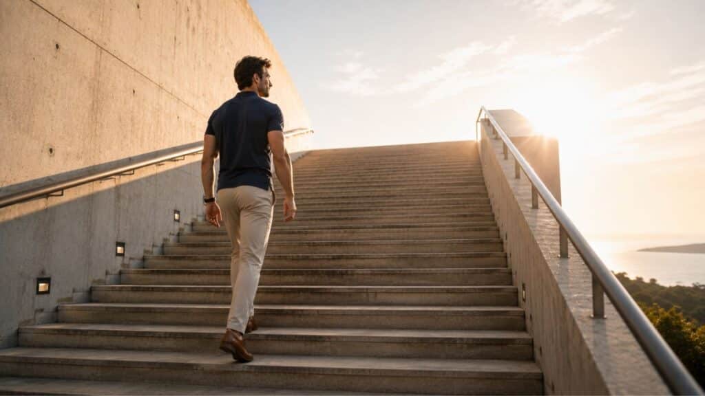 Mann im Poloshirt steigt eine Treppe hinauf – Symbol für persönliche Entwicklung und die nächste Ebene des Erfolgs