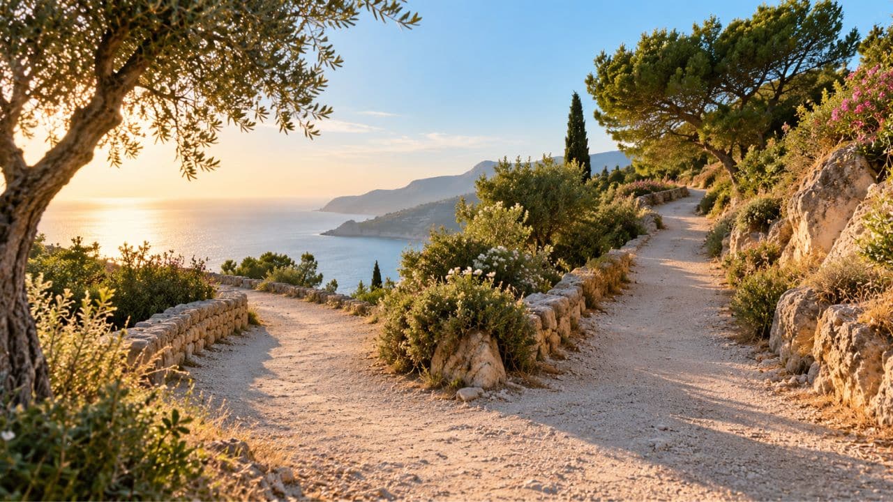Mediterrane Weggabelung mit Blick auf das Meer – Symbol für einen neuen Lebensabschnitt und die Offenheit, den eigenen Weg neu zu wählen.